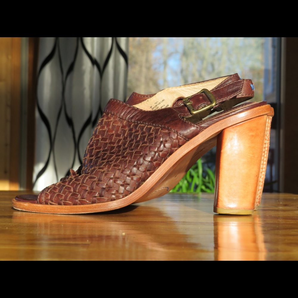 Frye Sophia woven sling sandal, size 9, dark brown